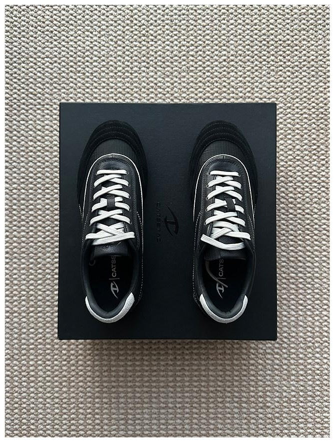 CATSSTAC Breathable Genuine Suede Stitched Lace Up Casual Youth Black Flats