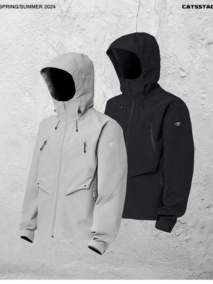 CATSSTAC Breathable Hooded Zip Pocket Regular Fit Youth Outdoor Black Grey Shell Jackets