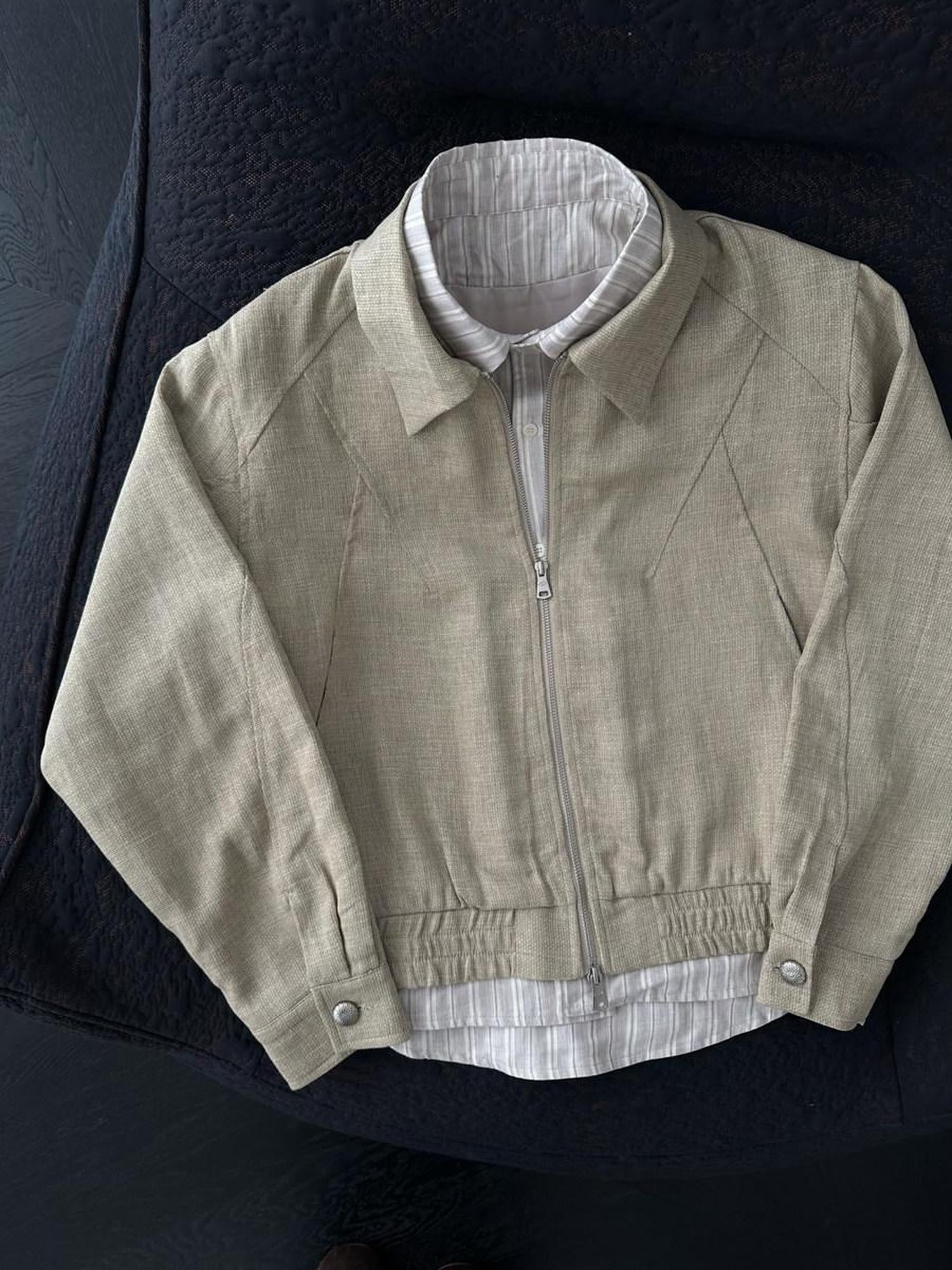 CATSSTAC Breathable Linen Blend Patchwork Oversized Striped Unisex Khaki Cropped Jackets