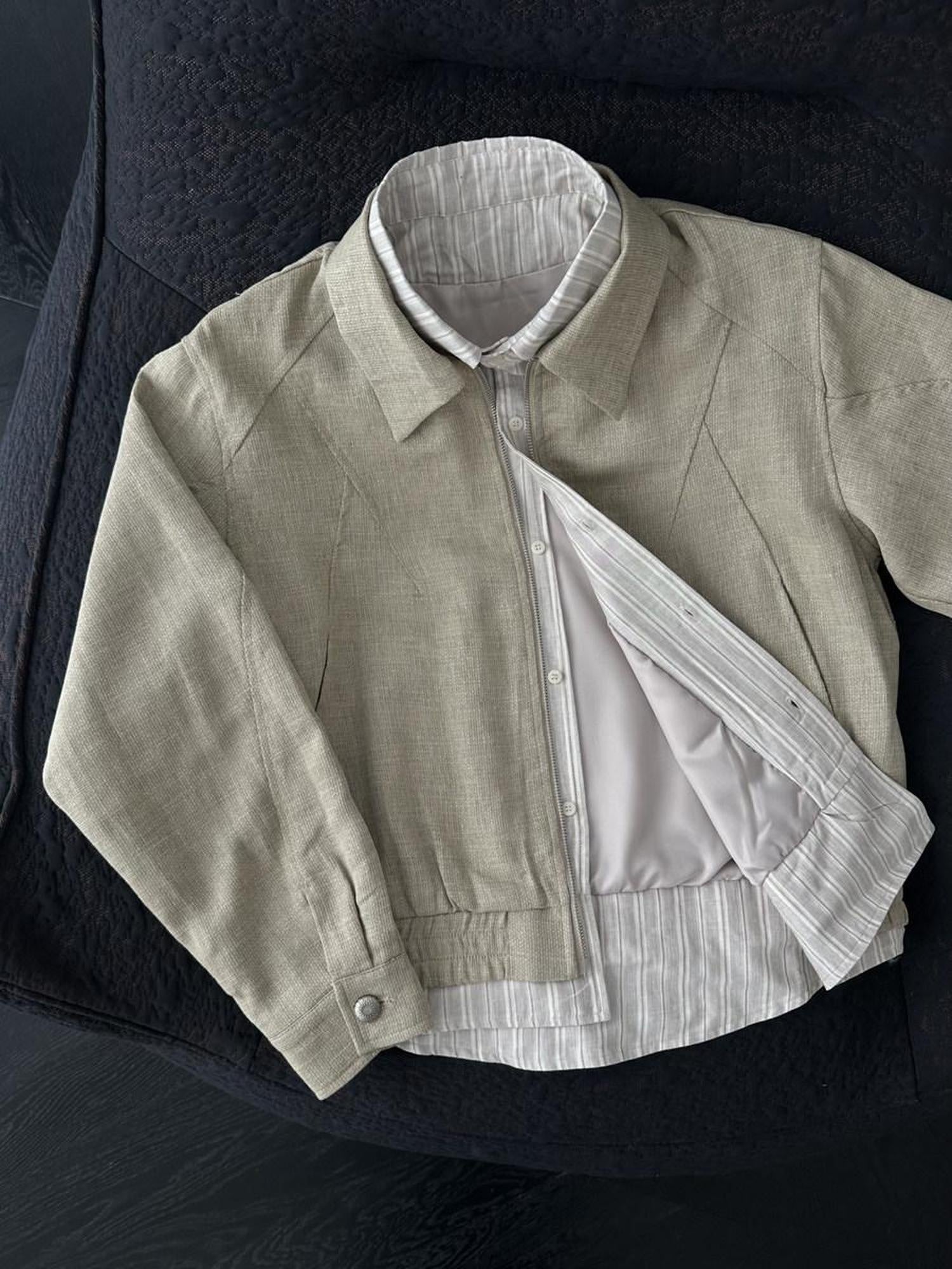 CATSSTAC Breathable Linen Blend Patchwork Oversized Striped Unisex Khaki Cropped Jackets