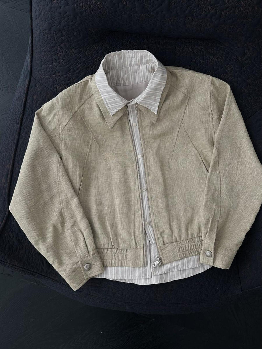 CATSSTAC Breathable Linen Blend Patchwork Oversized Striped Unisex Khaki Cropped Jackets