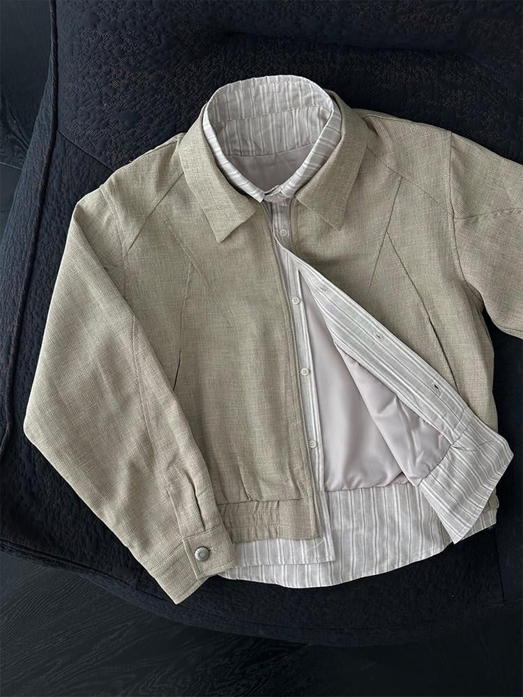 CATSSTAC Breathable Linen Blend Patchwork Oversized Striped Unisex Khaki Cropped Jackets