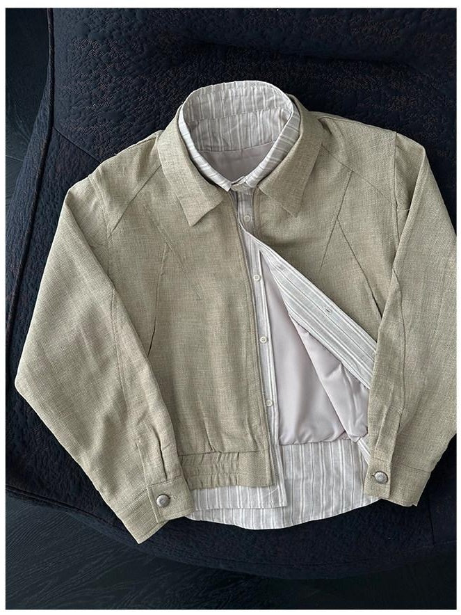 CATSSTAC Breathable Linen Blend Patchwork Oversized Striped Unisex Khaki Cropped Jackets
