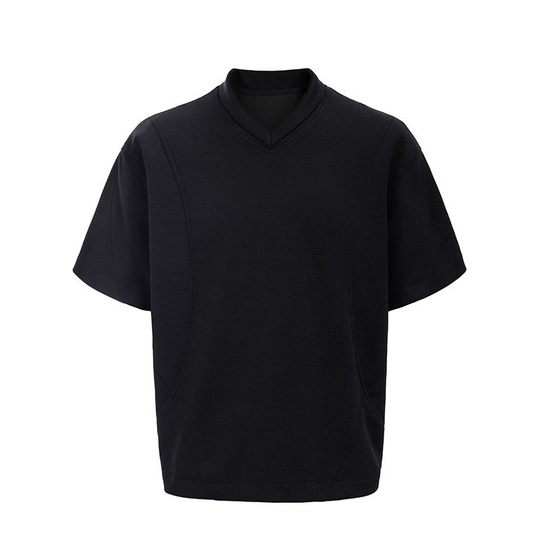 CATSSTAC_Breathable_Polyester_Loose_V-neck_Men_Casual_Solid_Black_Short_Sleeve_T-Shirts_MISSTT