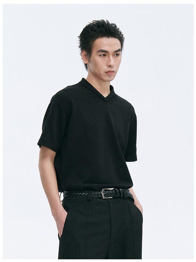 CATSSTAC Breathable Polyester Loose V-neck Men Casual Solid Black Short Sleeve T-Shirts