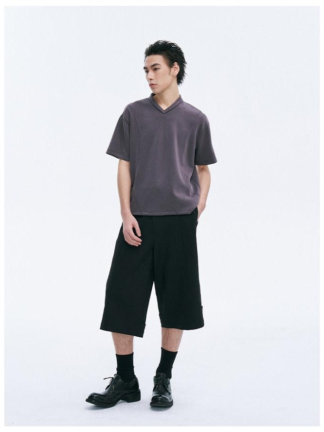 CATSSTAC Breathable Polyester Loose V-neck Men Casual Solid Black Short Sleeve T-Shirts