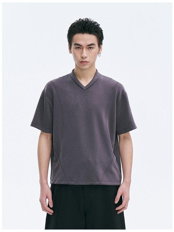 CATSSTAC Breathable Polyester Loose V-neck Men Casual Solid Black Short Sleeve T-Shirts