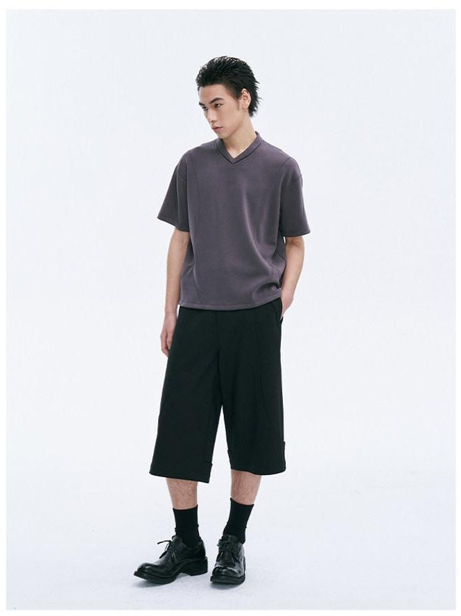 CATSSTAC Breathable Polyester Loose V-neck Men Casual Solid Black Short Sleeve T-Shirts