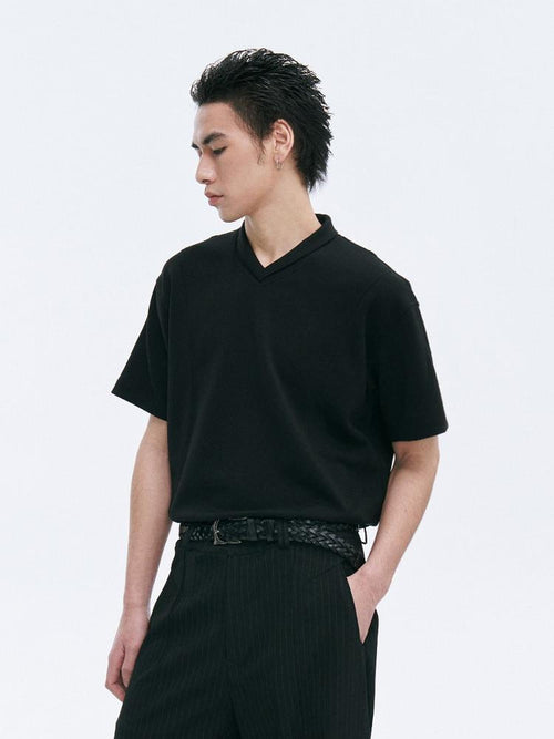CATSSTAC Breathable Polyester Loose V-neck Men Casual Solid Black Short Sleeve T-Shirts