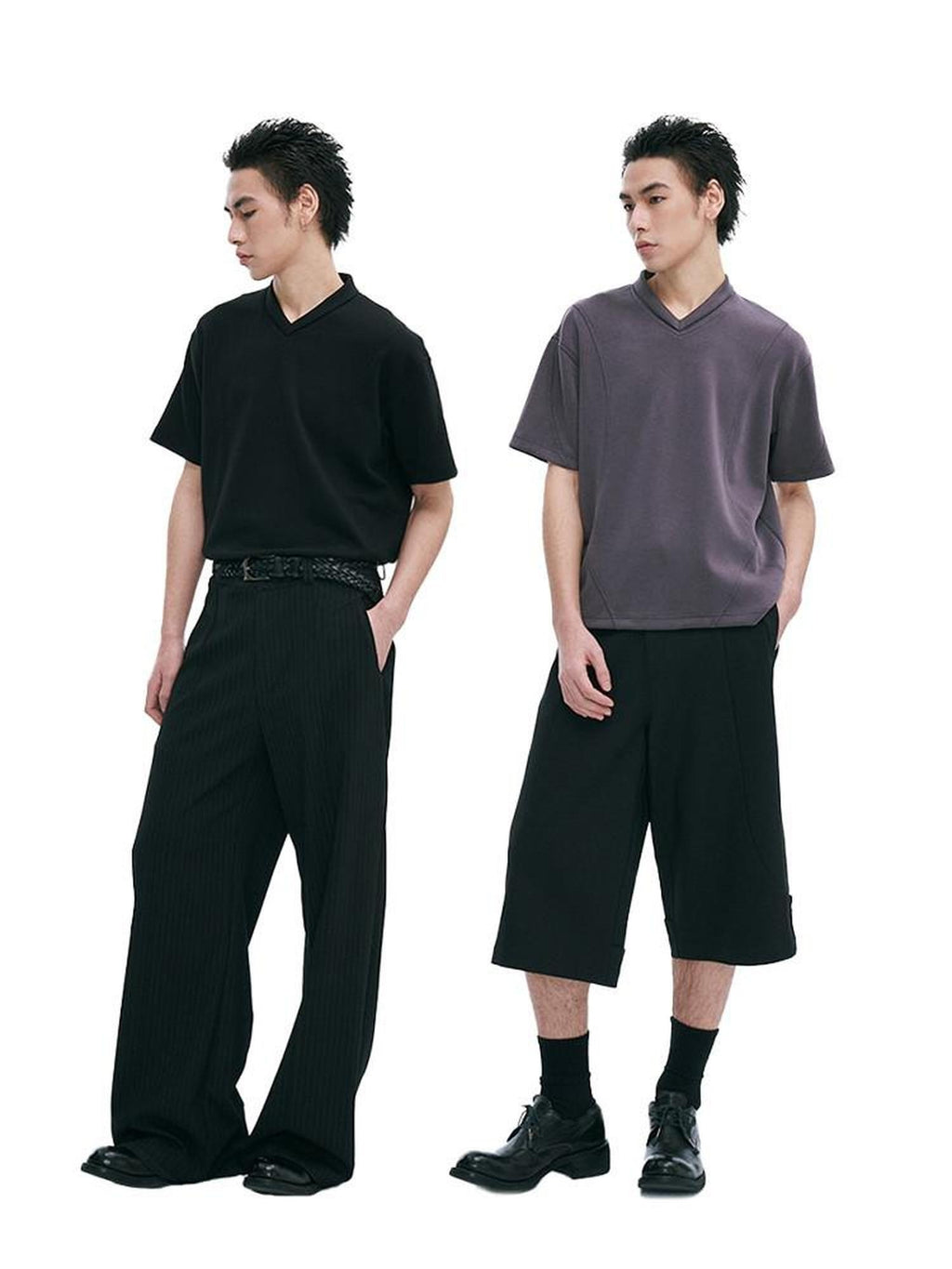 CATSSTAC Breathable Polyester Loose V-neck Men Casual Solid Black Short Sleeve T-Shirts