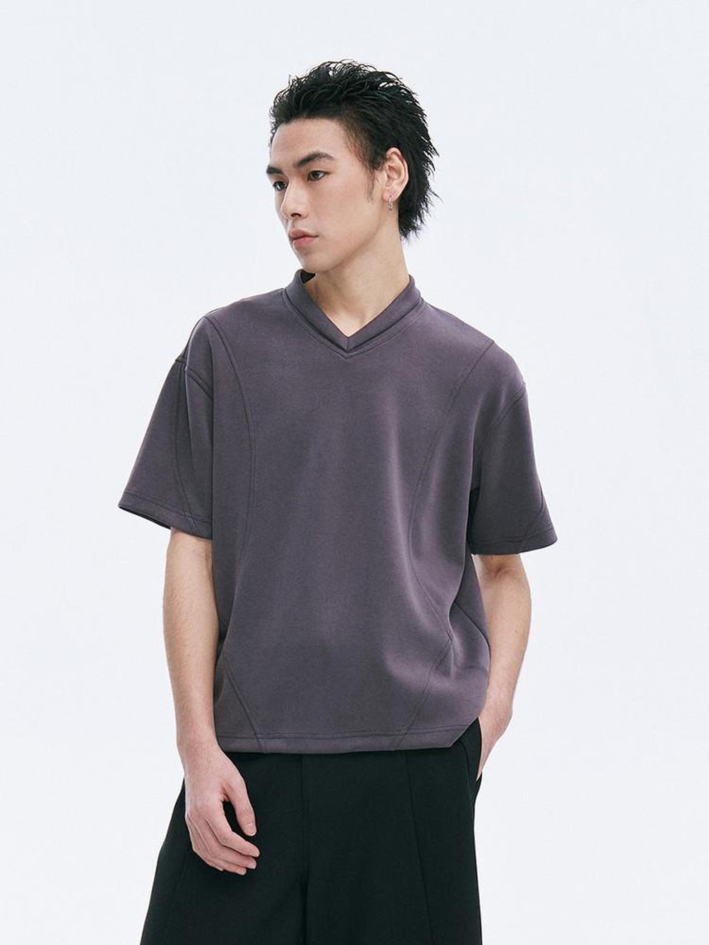 CATSSTAC Breathable Polyester Loose V-neck Men Casual Solid Black Short Sleeve T-Shirts