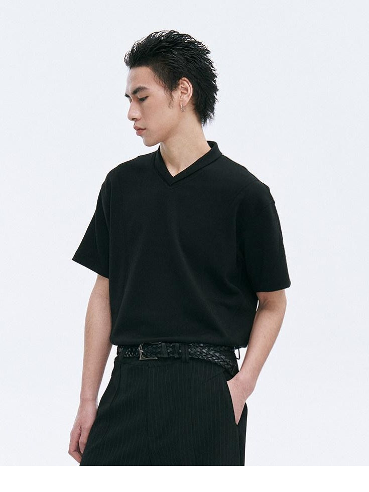 CATSSTAC Breathable Polyester Loose V-neck Men Casual Solid Black Short Sleeve T-Shirts
