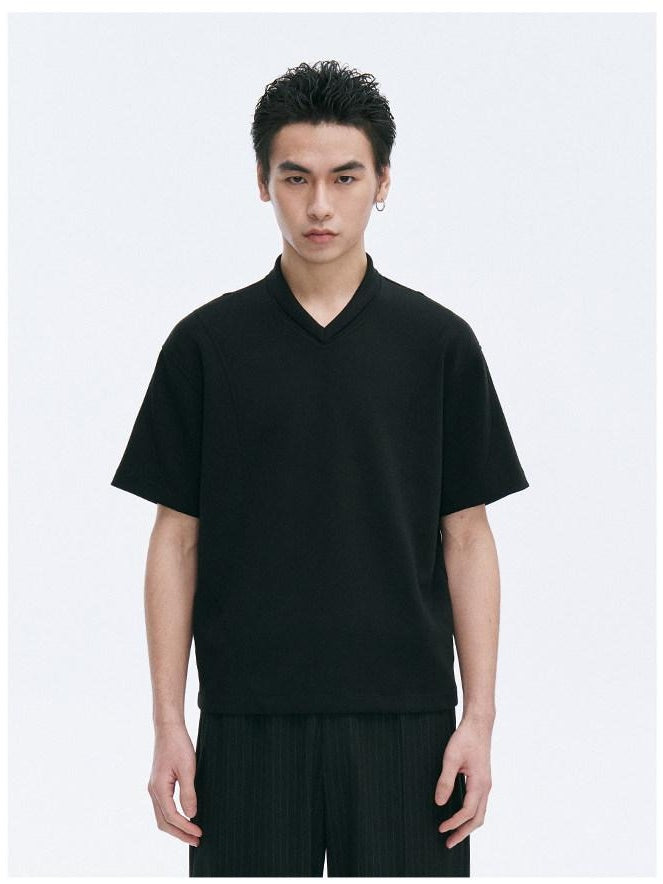 CATSSTAC Breathable Polyester Loose V-neck Men Casual Solid Black Short Sleeve T-Shirts