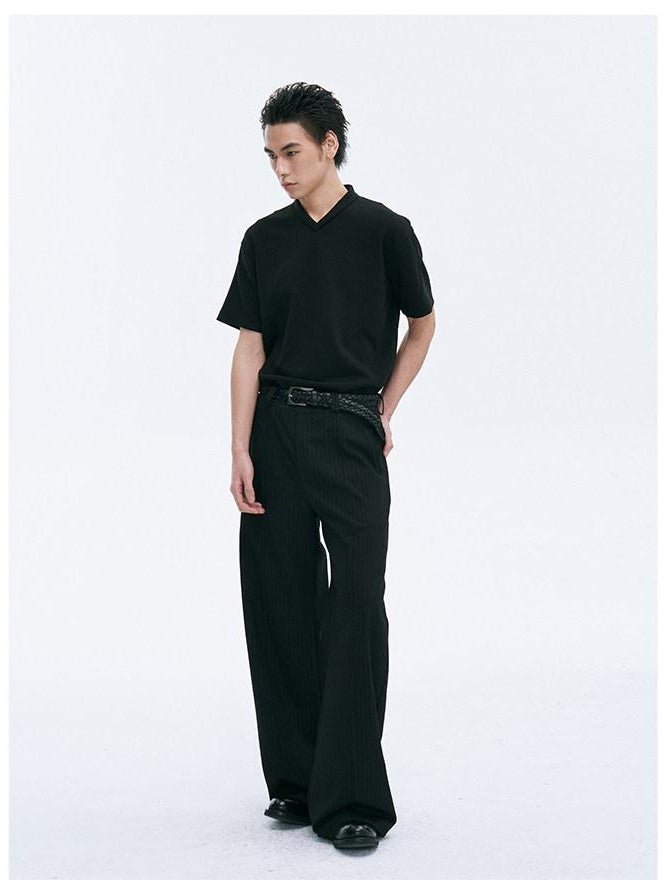 CATSSTAC Breathable Polyester Loose V-neck Men Casual Solid Black Short Sleeve T-Shirts