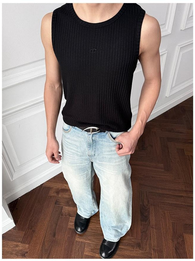 CATSSTAC Breathable Striped Round Neck Casual Regular Fit Men Black Tank Tops