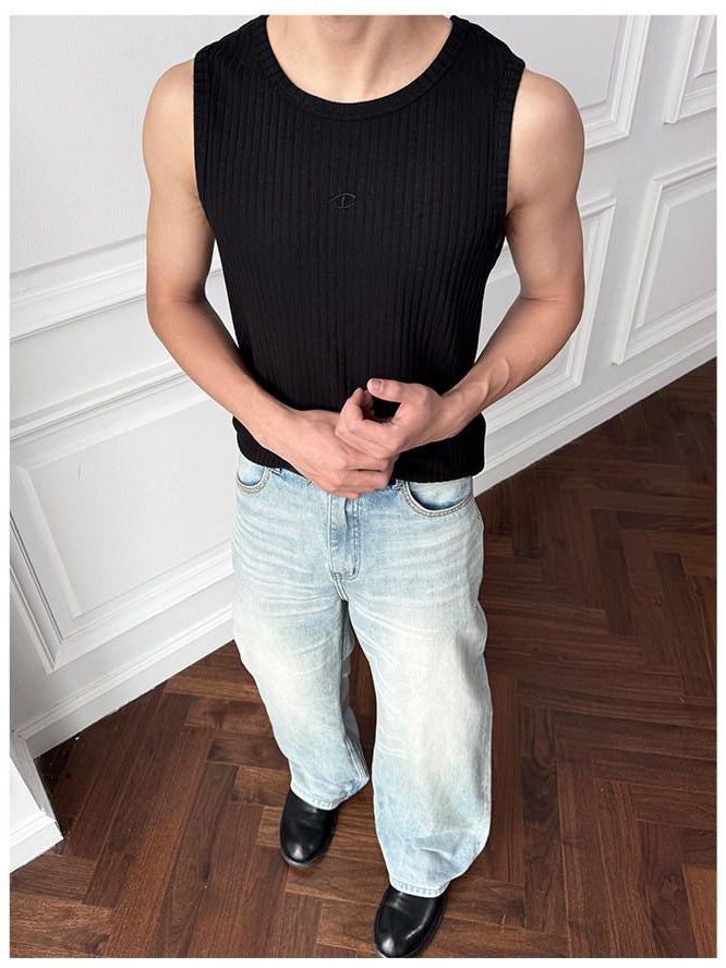 CATSSTAC Breathable Striped Round Neck Casual Regular Fit Men Black Tank Tops