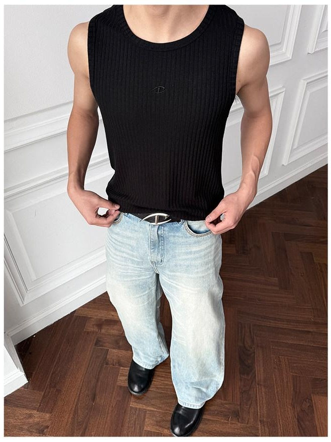 CATSSTAC Breathable Striped Round Neck Casual Regular Fit Men Black Tank Tops