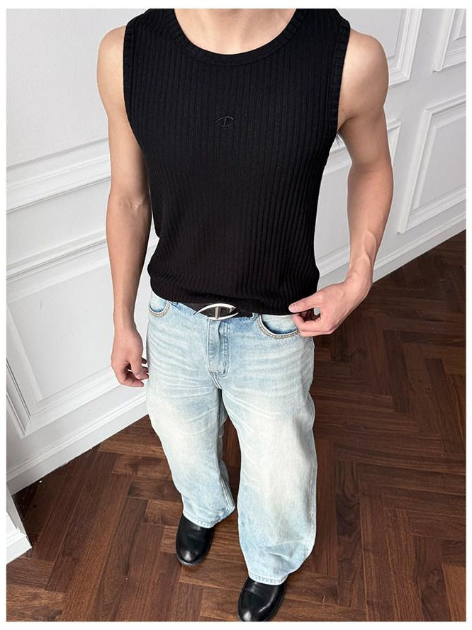 CATSSTAC Breathable Striped Round Neck Casual Regular Fit Men Black Tank Tops