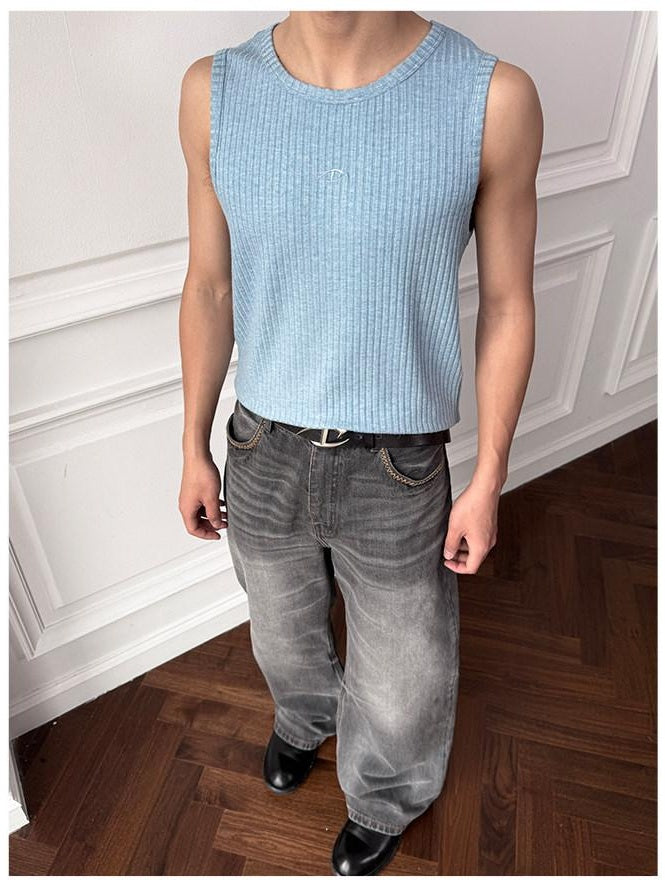 CATSSTAC Breathable Striped Round Neck Casual Regular Fit Men Black Tank Tops