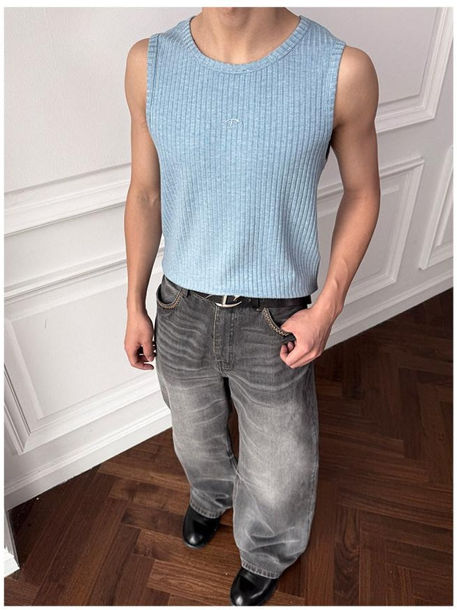 CATSSTAC Breathable Striped Round Neck Casual Regular Fit Men Black Tank Tops