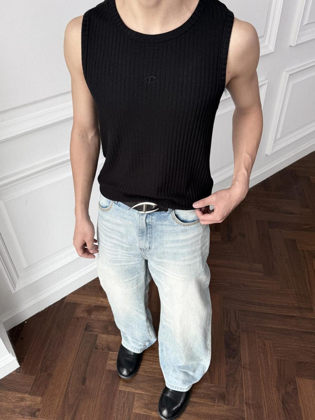 CATSSTAC Breathable Striped Round Neck Casual Regular Fit Men Black Tank Tops