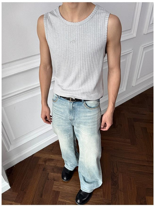 CATSSTAC Breathable Striped Round Neck Casual Regular Fit Men Black Tank Tops
