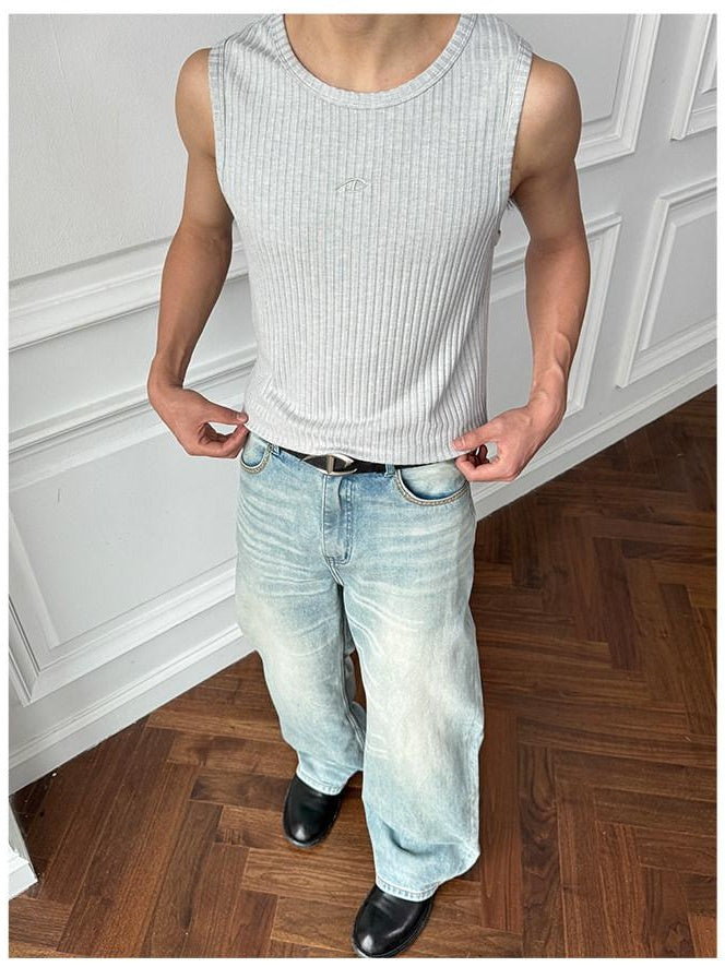 CATSSTAC Breathable Striped Round Neck Casual Regular Fit Men Black Tank Tops