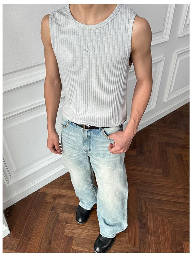 CATSSTAC Breathable Striped Round Neck Casual Regular Fit Men Black Tank Tops