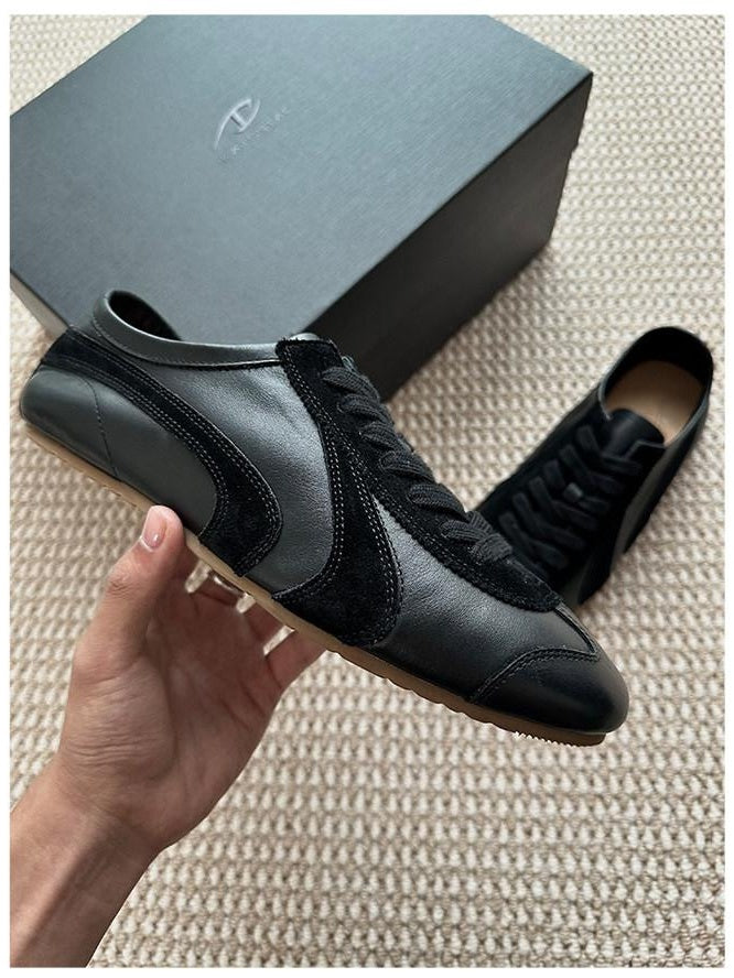 CATSSTAC Comfort Cushioned Lace Up Sporty Casual Round Toe Leather Black Brown Flats