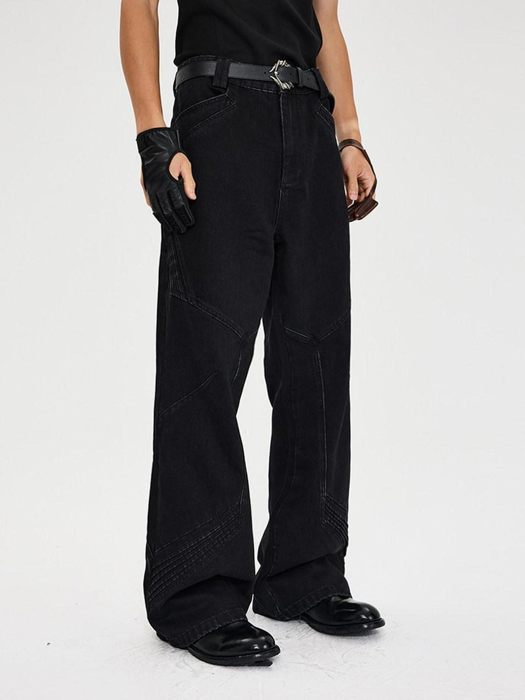 CATSSTAC Comfortable Mid Rise Loose Fit Casual Black Button Fly Straight Leg Jeans