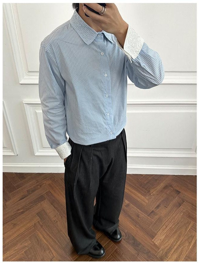 CATSSTAC Cotton Blend Striped Loose French Collared Long Sleeve Unisex Light Blue Shirts