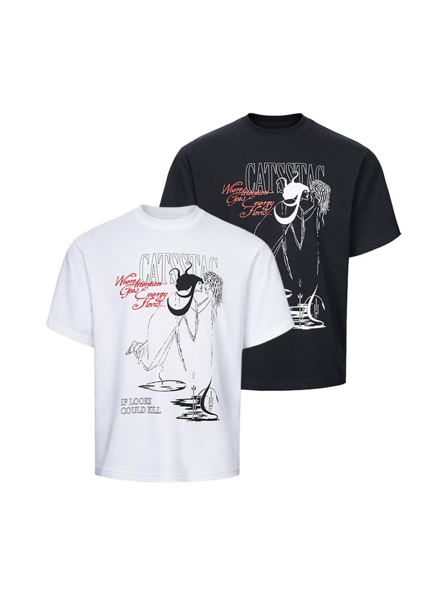 CATSSTAC Cotton Medusa Print Relaxed Fit Crewneck Unisex Casual Short Sleeve T-Shirts