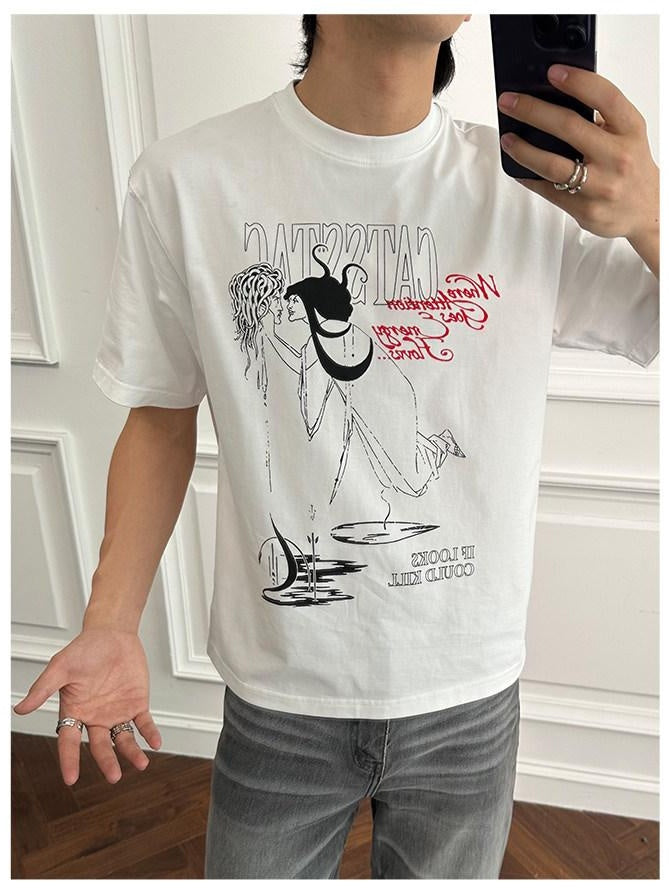 CATSSTAC Cotton Medusa Print Relaxed Fit Crewneck Unisex Casual Short Sleeve T-Shirts