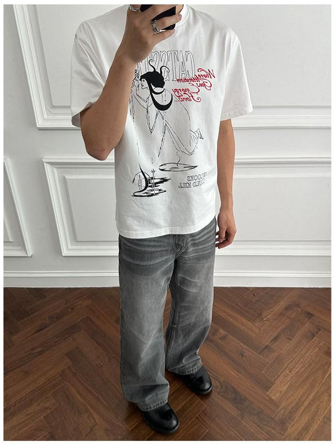 CATSSTAC Cotton Medusa Print Relaxed Fit Crewneck Unisex Casual Short Sleeve T-Shirts