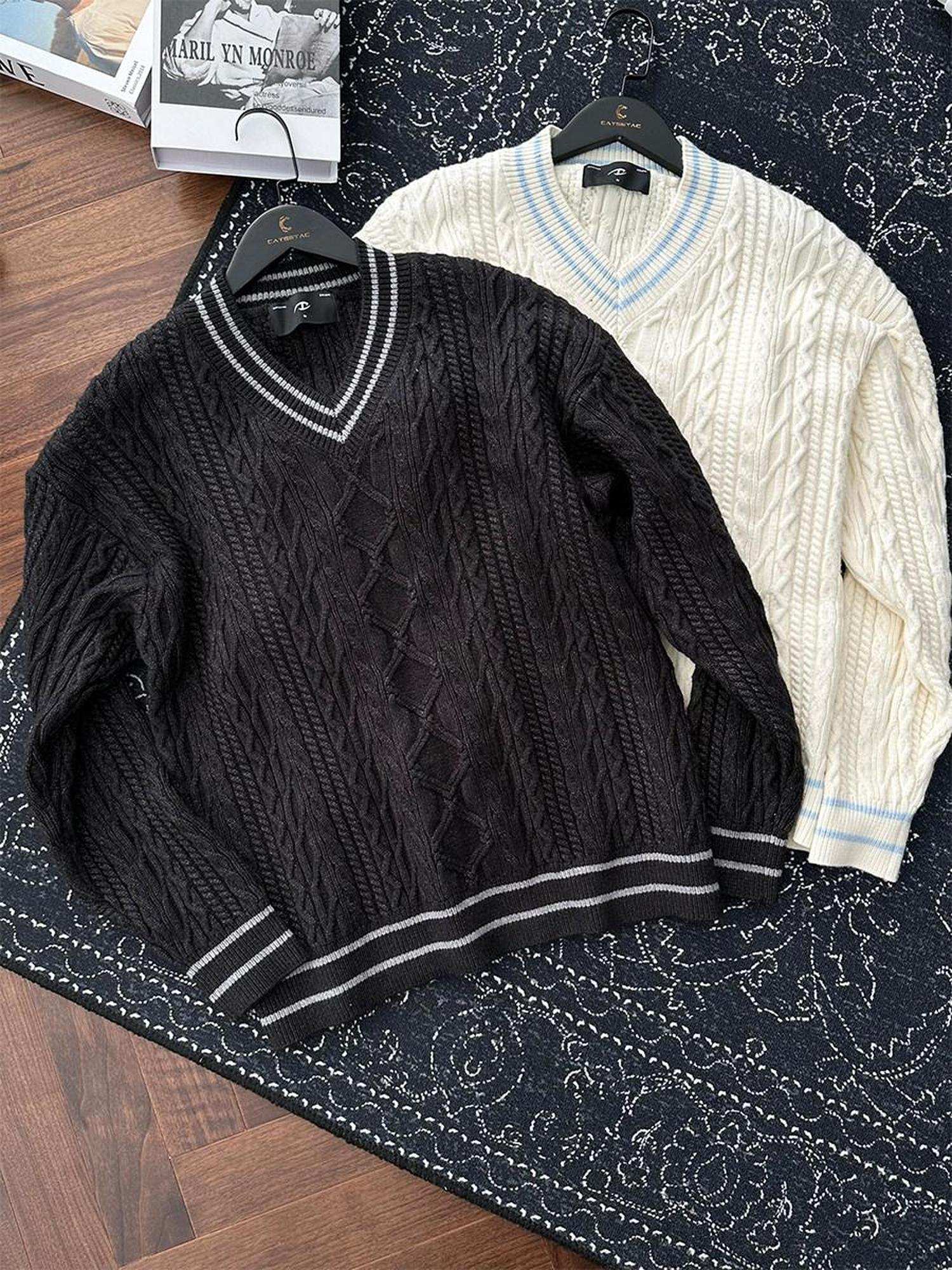CATSSTAC Cozy Jacquard Colorblock Relaxed Drop Shoulder V-neck Unisex Knitwear Sweaters