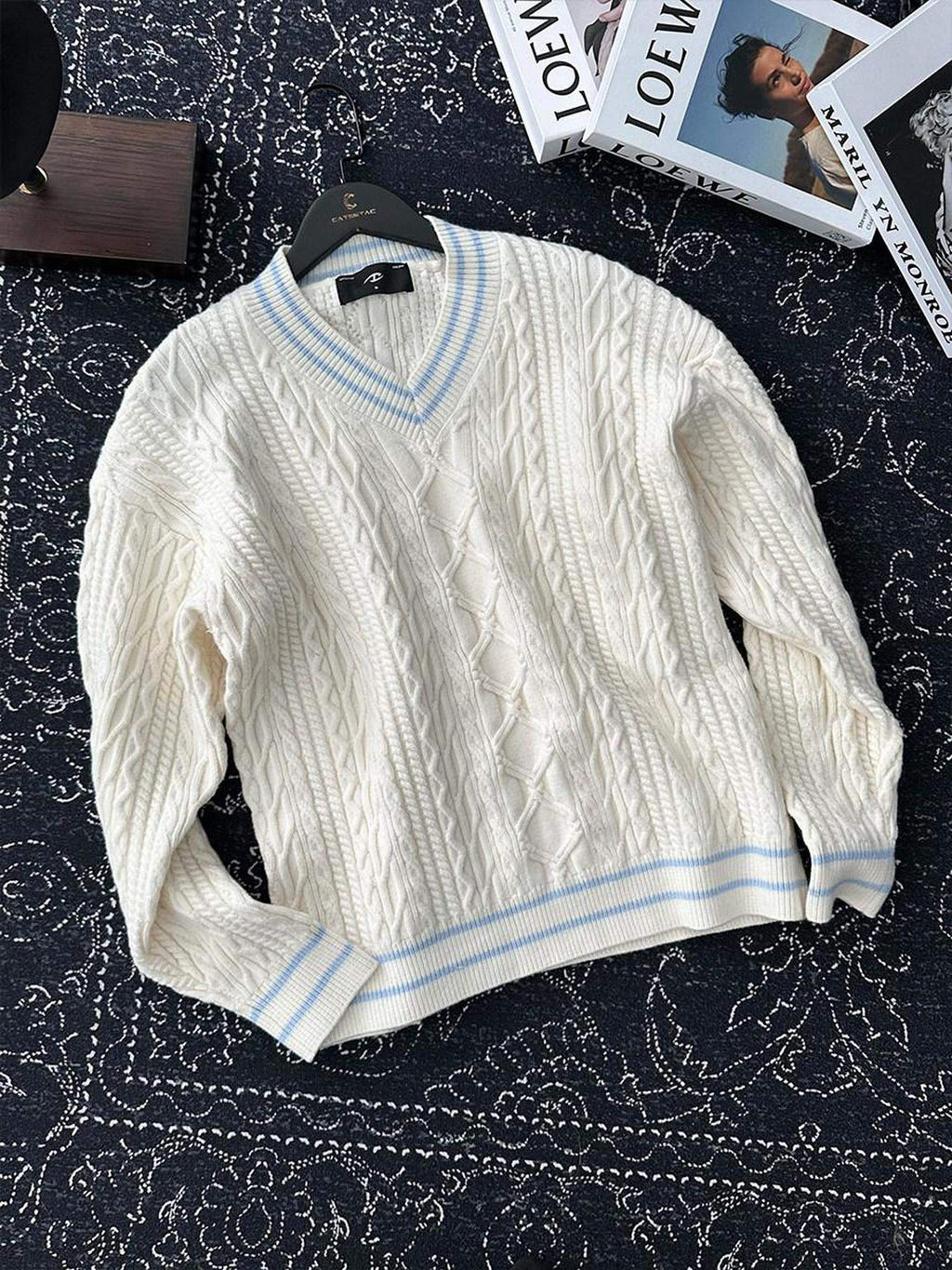 CATSSTAC Cozy Jacquard Colorblock Relaxed Drop Shoulder V-neck Unisex Knitwear Sweaters