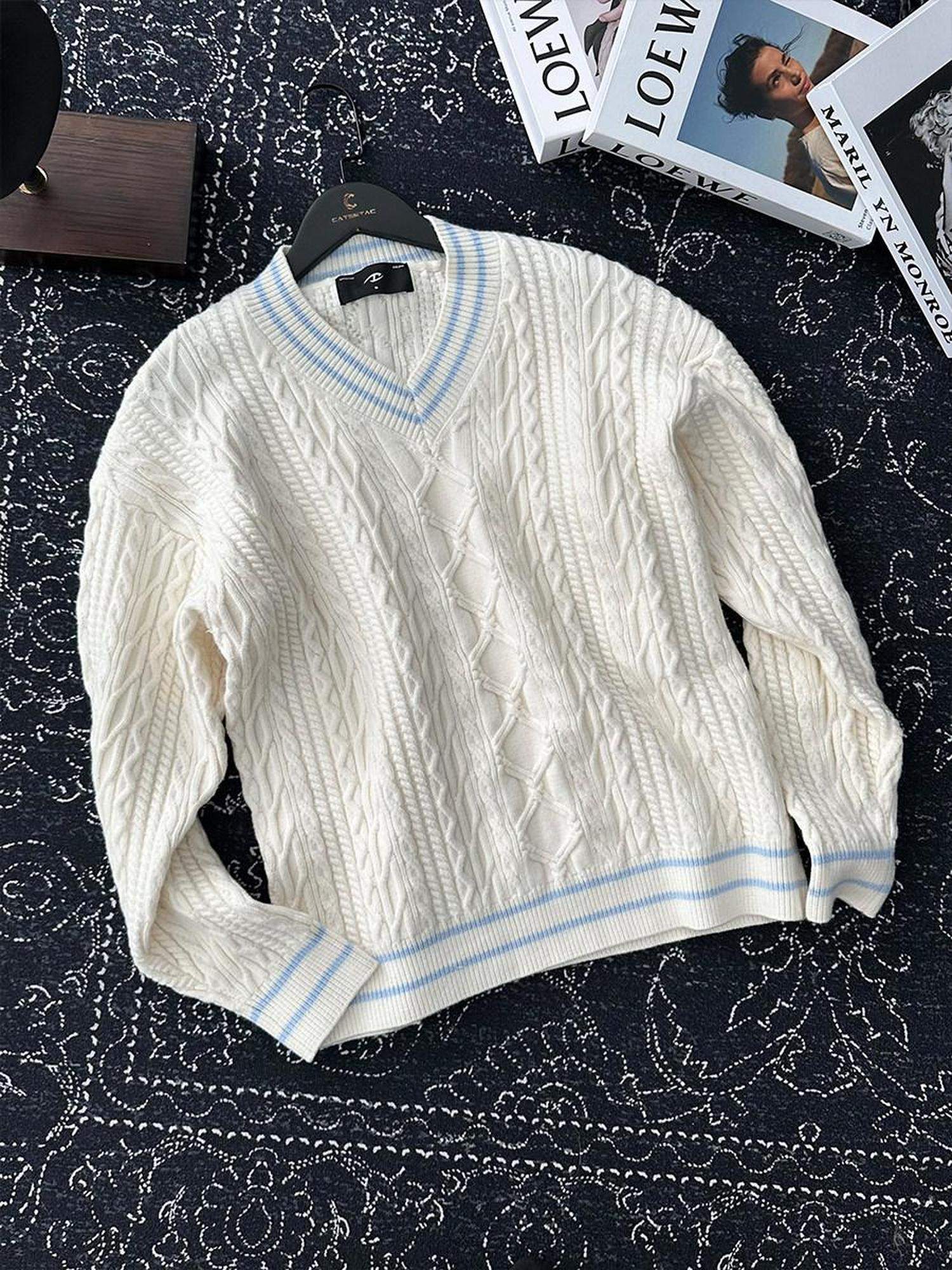 CATSSTAC Cozy Jacquard Colorblock Relaxed Drop Shoulder V-neck Unisex Knitwear Sweaters