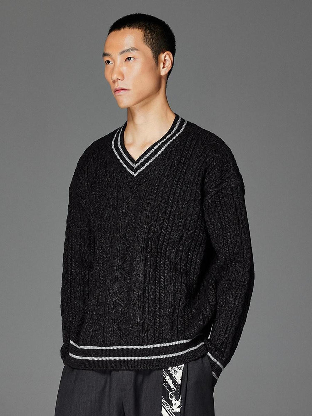 CATSSTAC Cozy Jacquard Colorblock Relaxed Drop Shoulder V-neck Unisex Knitwear Sweaters