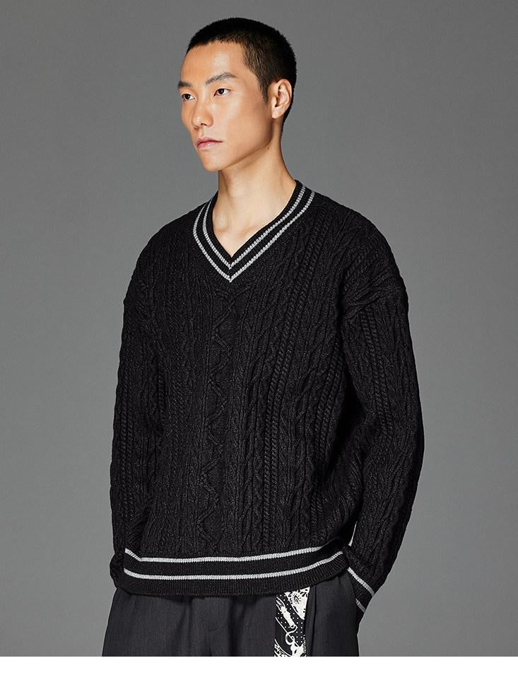 CATSSTAC Cozy Jacquard Colorblock Relaxed Drop Shoulder V-neck Unisex Knitwear Sweaters