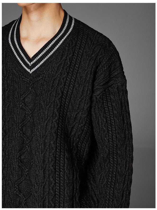 CATSSTAC Cozy Jacquard Colorblock Relaxed Drop Shoulder V-neck Unisex Knitwear Sweaters