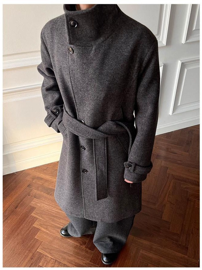 CATSSTAC Cozy Longline Relaxed Fit Stand Collar Gray Brown Wool Coats
