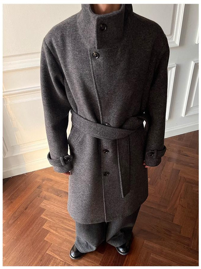 CATSSTAC Cozy Longline Relaxed Fit Stand Collar Gray Brown Wool Coats