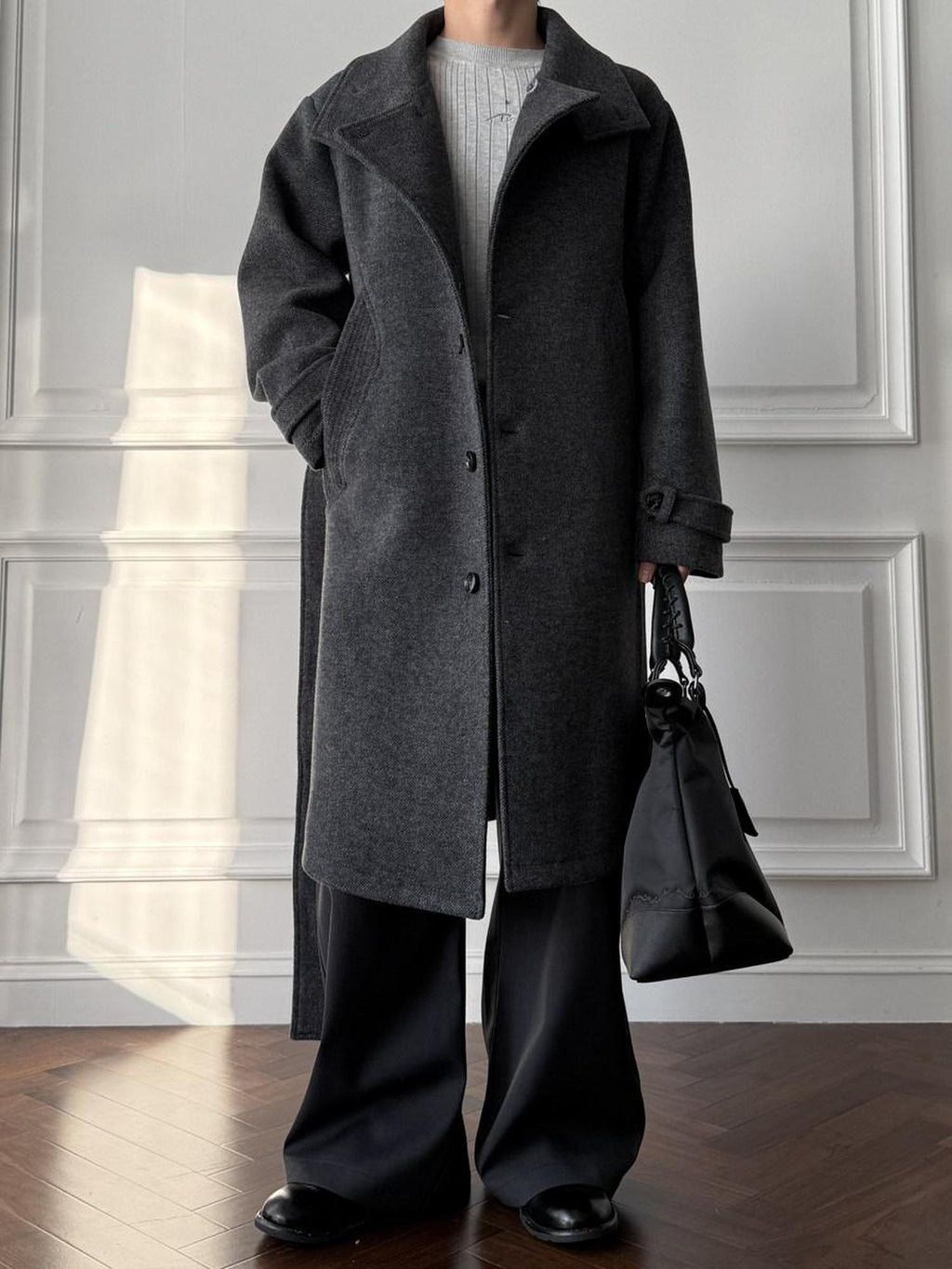 CATSSTAC Cozy Longline Relaxed Fit Stand Collar Gray Brown Wool Coats
