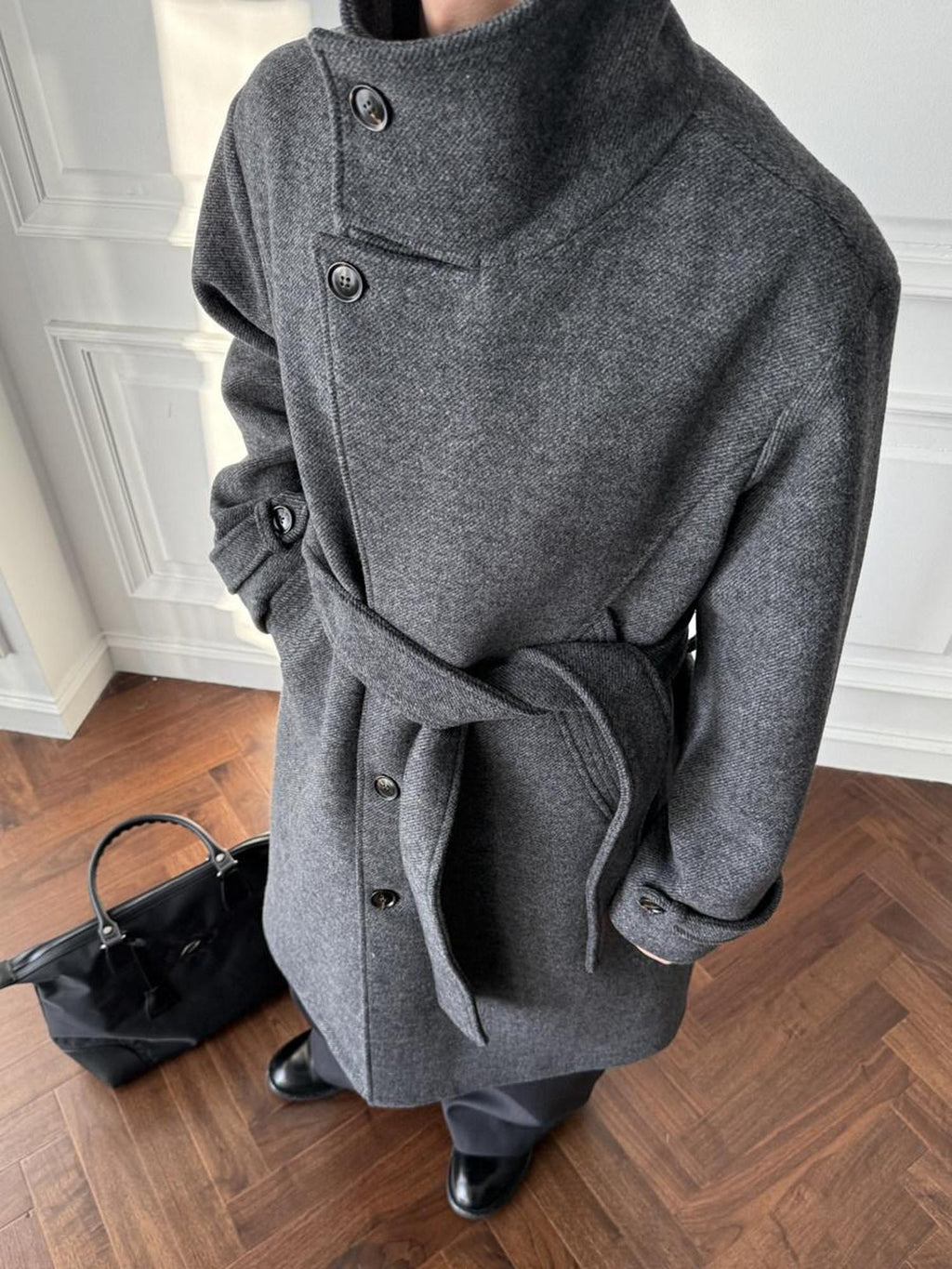 CATSSTAC Cozy Longline Relaxed Fit Stand Collar Gray Brown Wool Coats