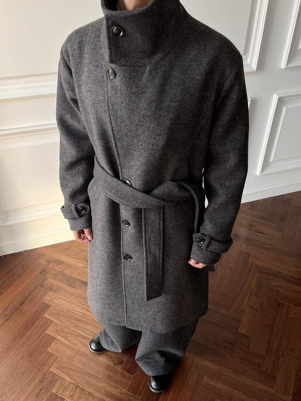 CATSSTAC Cozy Longline Relaxed Fit Stand Collar Gray Brown Wool Coats