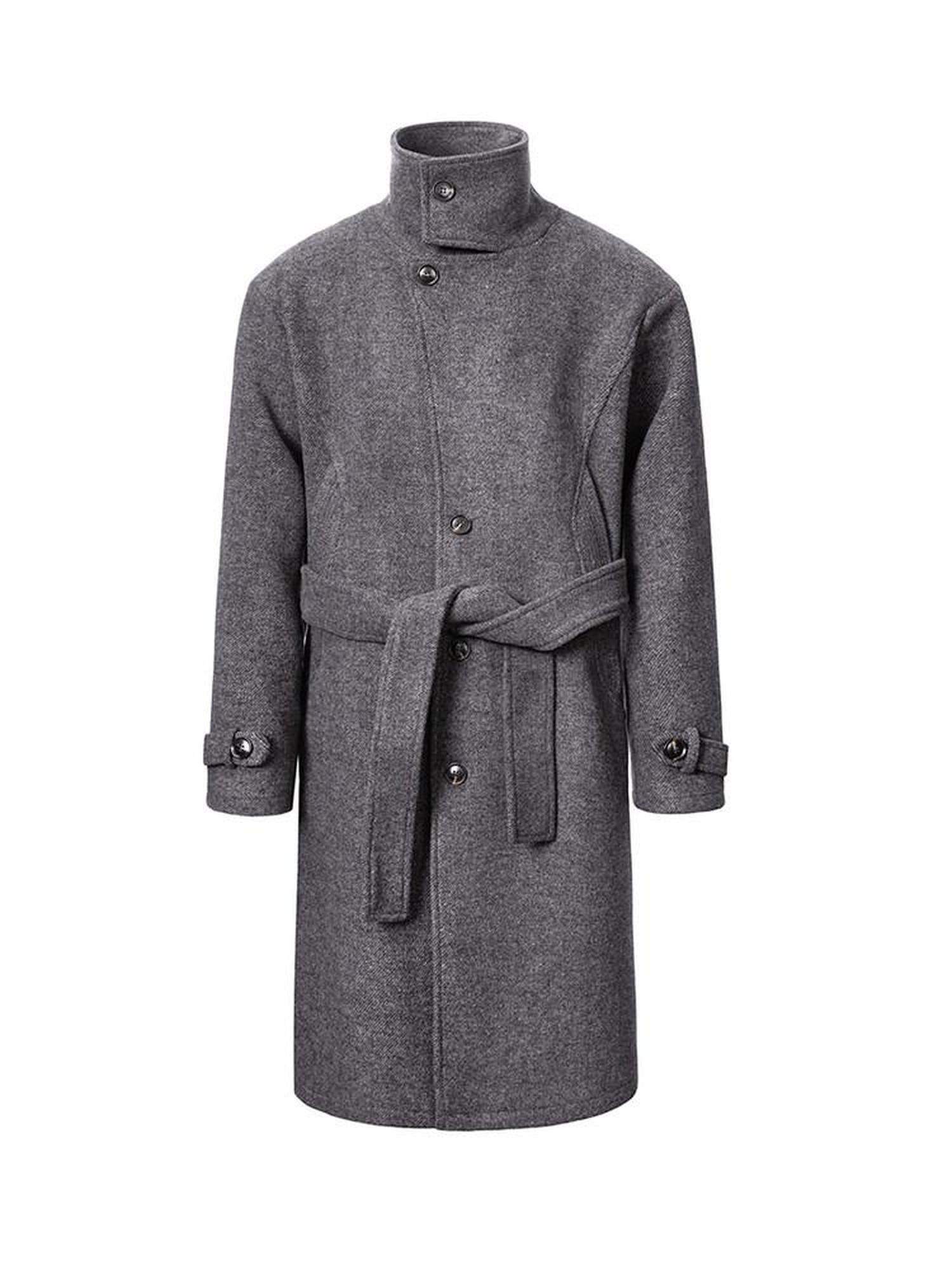 CATSSTAC Cozy Longline Relaxed Fit Stand Collar Gray Brown Wool Coats
