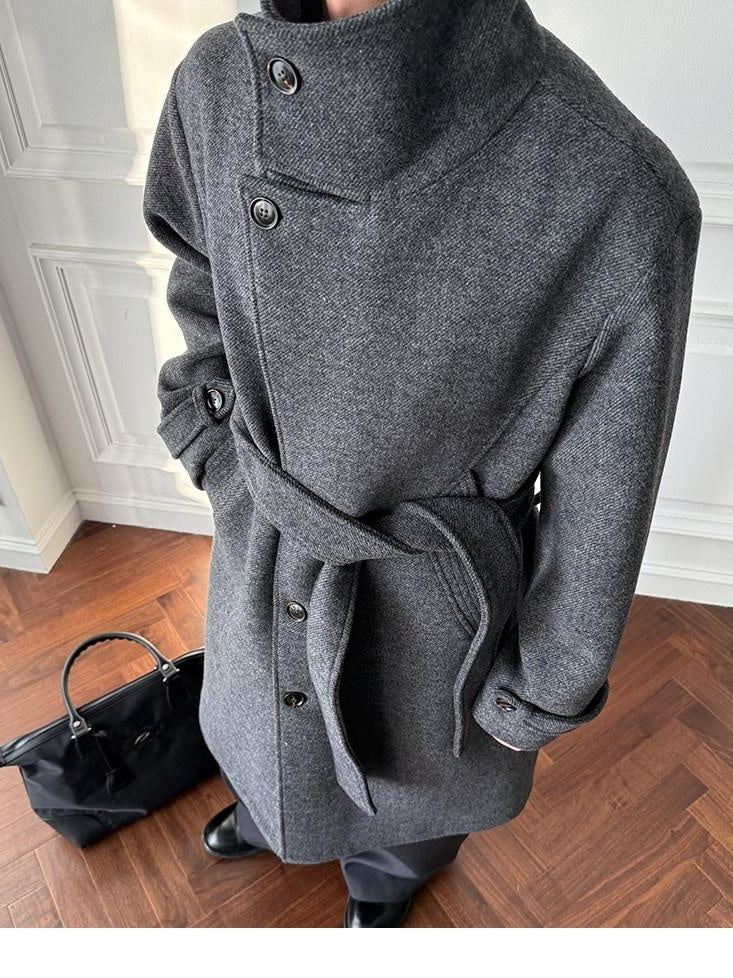 CATSSTAC Cozy Longline Relaxed Fit Stand Collar Gray Brown Wool Coats