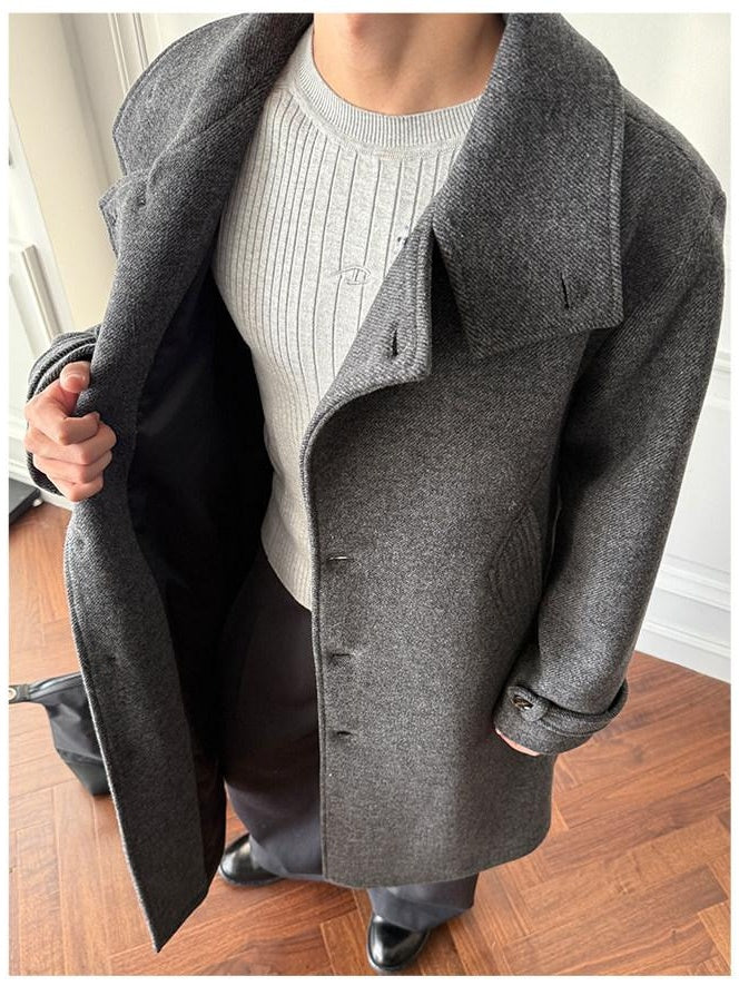 CATSSTAC Cozy Longline Relaxed Fit Stand Collar Gray Brown Wool Coats