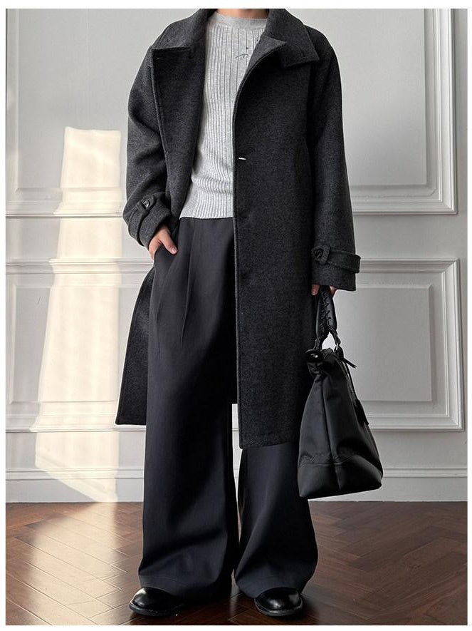 CATSSTAC Cozy Longline Relaxed Fit Stand Collar Gray Brown Wool Coats