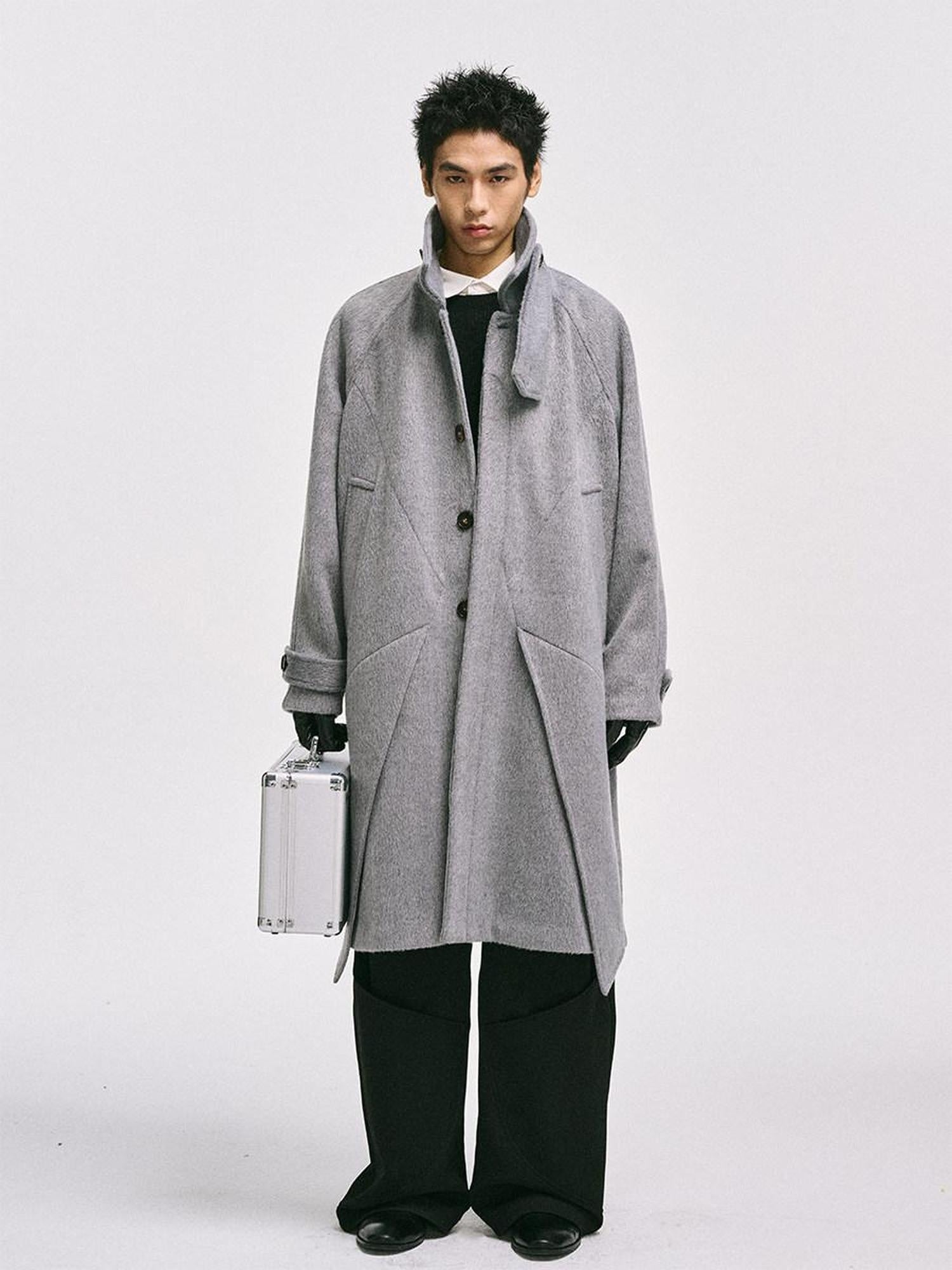 CATSSTAC Cozy Longline Relaxed Fit Trendy Notched Lapel Single Breasted Gray Wool Coats